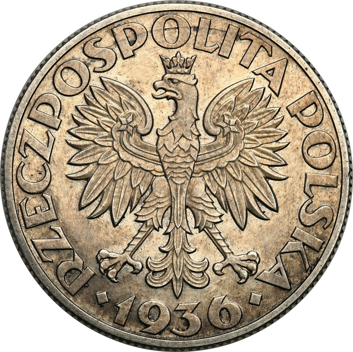 PRÓBA. Żaglowiec 5 złotych 1936 - stempel zwykły – zwykły napis PRÓBA